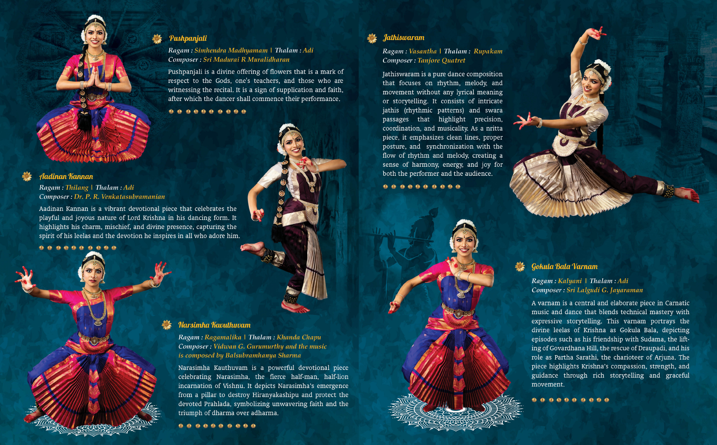 Program items including Pushpanjali, Aadinan Kannan, Narasimha Kauthuvam, Jathiswaram, and Gokula Bala Varnam