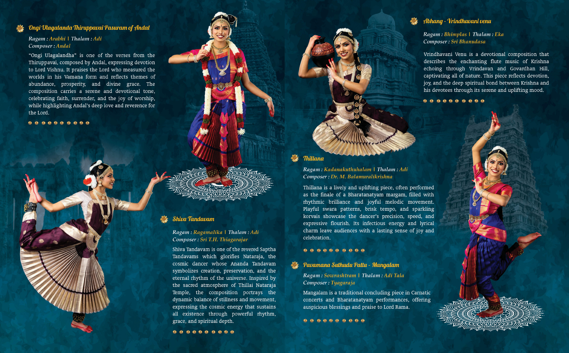 Program items including Thiruppavai, Shiva Tandavam, Abhang, Thillana, and Mangalam