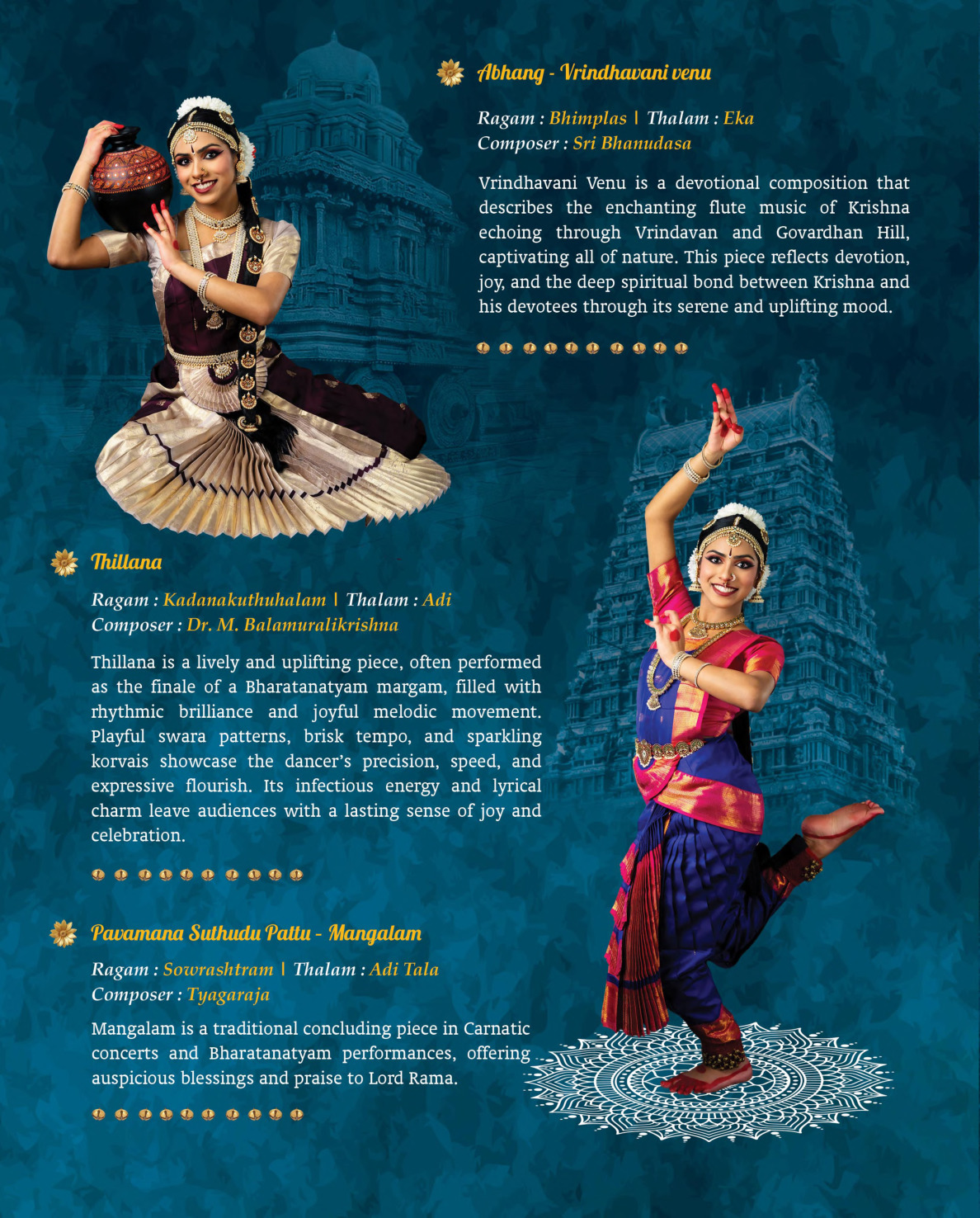 Program page with Abhang Vrindhavani Venu, Thillana, and Mangalam